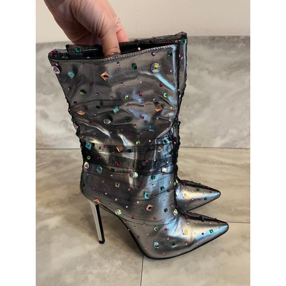 Azalea Wang Liora Rhinestone Stiletto Pointed Toe Booties Jeweled Boots 7.5 NIB